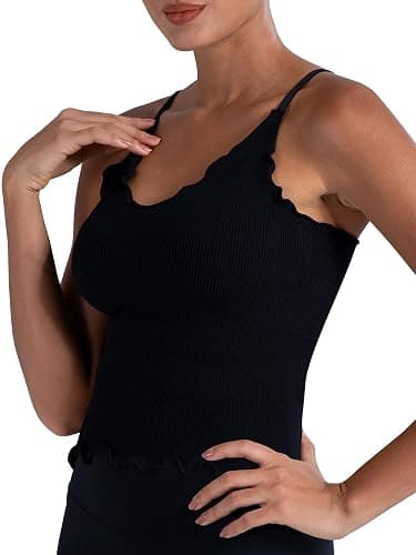Sunzel Tank Top for Women, V Neck Seamless Ribbed Crop Camisole with Ruffles thumbnail 4