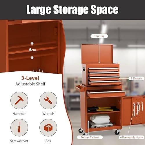 COSTWAY Large Rolling Tool Cabinet, 2-in-1 Detachable Metal Tool Chest with Drawers, Wheels, Handle & Hooks, Lockable Tool Box Trolley for Garage Workshop (5 Drawer with Adjustable Shelf, Orange) thumbnail 5