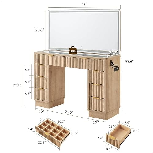 T4TREAM 48" Fluted Makeup Vanity Desk with Large Led Lighted Mirror, Modern Vanity Table with 8 Drawers & Charging Station, Glass Top Dressing Table for Bedroom, Natural Oak thumbnail 2