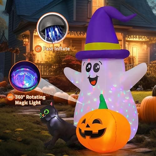 GOOSH 5 FT Halloween Inflatables Ghost Outdoor Decorations Blow Up Yard Cute Wizard Ghost with Black Cat Pumpkin with Built-in LEDs for Garden Lawn Indoor Party Decor thumbnail 4