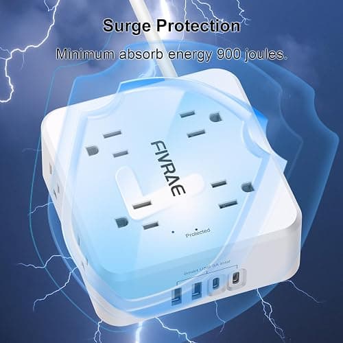 FIVRAE 10Ft Extension Cord with Multiple Outlets, 8 Outlets and 4 USB Ports | 10 Feet Flat Plug Long Cord Surge Protector Power Strip for Home Office, College Dorm Room Essentials, ETL Listed, White thumbnail 5