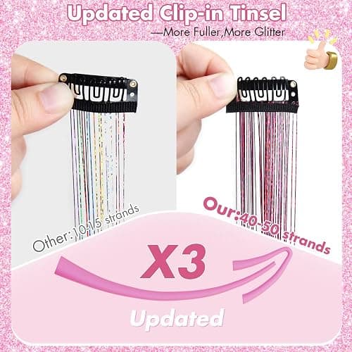 Plenday Hot Pink Hair Tinsel Clip In,18Pcs 24 Inch Fairy Hair Accessories | Beginners Friendly,Heat Resistant,Glitter Hair,Back to School Birthday Stage Party, Gift Festival,Cosplay,Women/Girls/Teen thumbnail 3