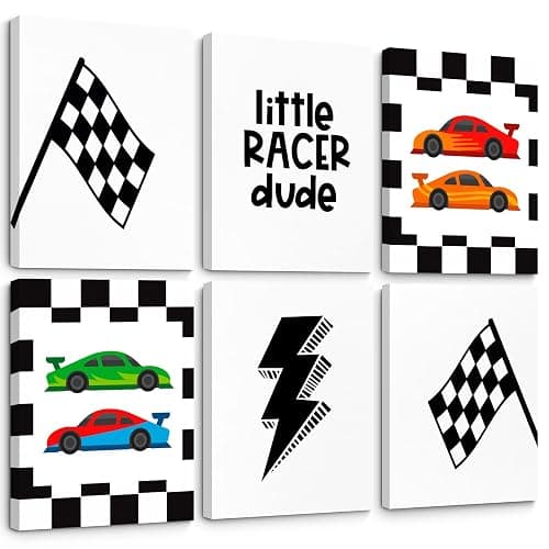 Race Car Wall Art Pictures Boys Room Wall Decor Nursery Toddler Canvas Wall Art Kids Playroom Art Prints Boys Race Car Poster Nursery Artwork Set of 6 for Bedroom 8x10 Inch Framed - Image 1