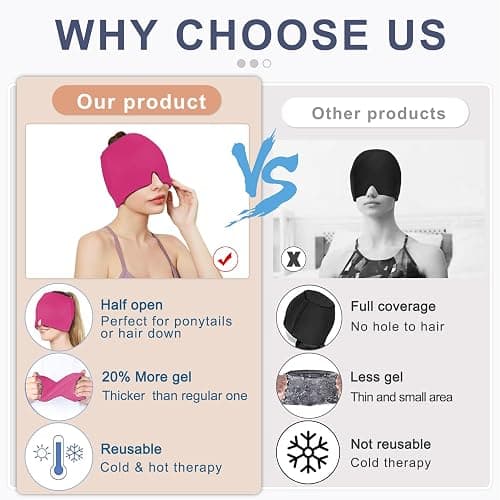 EXQUISLIFE Migraine Headache Relief Cap, Gel Ice Head Wrap, Hot and Cold Therapy, Headache Eyes Mask for Sinus, Puffy Eyes, Tension and Stress Relief (Hot Pink) thumbnail 6