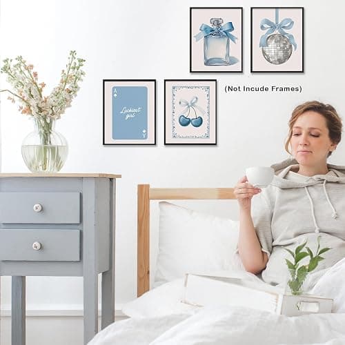 WDSFHYJK Trendy Light Blue Bow Coquette Wall Art Decor Set of 4, Blue Room Decor Aesthetic, Preppy Retro Disco Ball Perfume Lucky Poker Cherry Poster Prints Pictures for Girls Bedroom, 8x10 Unframed thumbnail 4