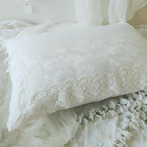 High-End White Pillow Cover with Carved Art & Lace,Floral Pillow Shams 20x26 Inch Set of 2,Pillowcases Standard Size for Farmhouse Décor Pillowcases thumbnail 8