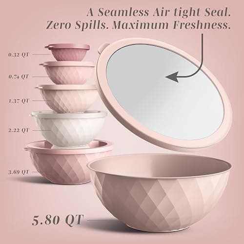 COOK WITH COLOR Mixing Bowls with Lids - 12 Piece Plastic Nesting Bowls Set includes 6 Prep Bowls and 6 Lids, Diamond Design - Microwave Safe, Pink thumbnail 4