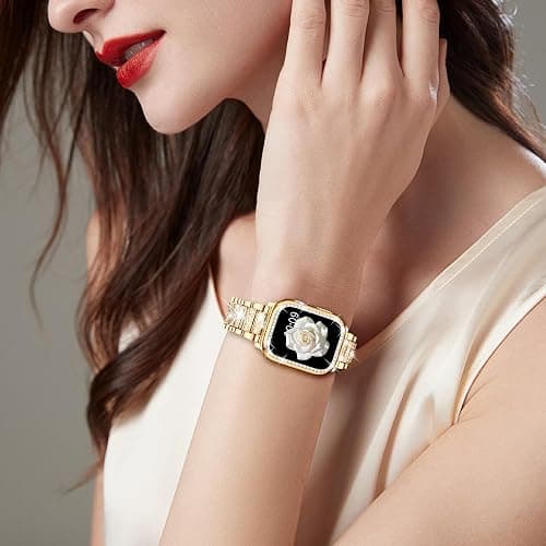 Mosonio Compatible with Apple Watch Band 38mm 40mm 41mm 42mm 44mm 45mm 46mm 49mm with 2 Pack Case Women, Jewelry Replacement Metal Bands Strap with Bling PC Protective Case for iWatch Ultra SE Series 11/10/9/8/7/6/5/4/3/2/1 thumbnail 2