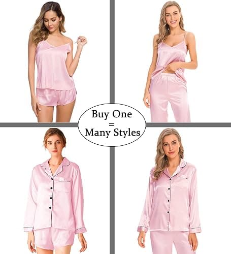 SWOMOG Women Satin Pajamas 4pcs Pajama Set Sexy Cami Shorts Set and Button Down Long Sleeve Pjs Loungewear Sleepwear thumbnail 3