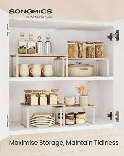 SONGMICS Spice Rack, Set of 2 Cupboard Shelf Organisers, Expandable Kitchen Shelf Organiser, Stackable Spice Holder, Metal and Engineered Wood, Travertine Beige and Cream White KCS020L01 thumbnail 4