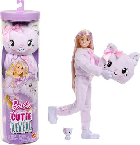 Barbie Cutie Reveal Doll & Accessories, Cuddly Series Kitten with 10 Surprises Including Color Change & Mini Pet - Image 1