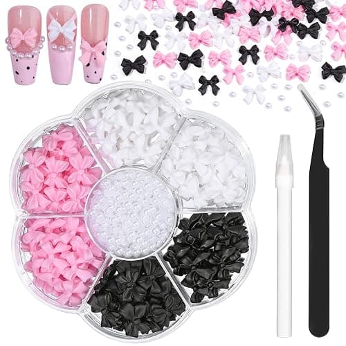 Charms Kit for Nails, 400Pcs Bow and Flatback Pearls Set, 3D Acrylic Rhinestones for Nails Art Design, Pink Black White Bowknot Gems for DIY Crafts, Manicure Decoration Supplies - Image 1