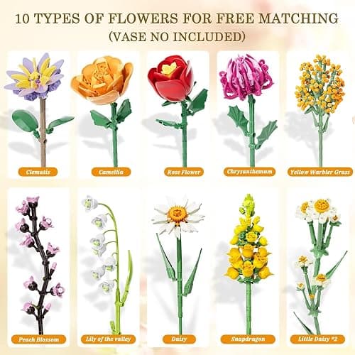 Flowers Bouquet Building Set, 1070PCS Wildflower Botanical Collection, Artificial Plant Flower Kit Toy for Adults Kids Women Her, Home Decor Gift for Birthday, Christmas (No Vase) thumbnail 5