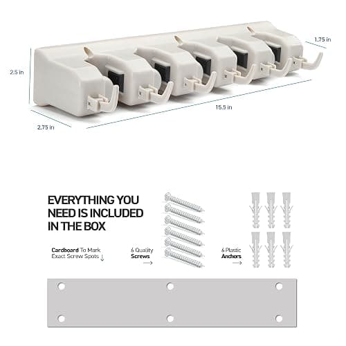 Home-it Mop and Broom Holder Wall Mount Garden Tool Storage Tool Rack Storage & Organization for the Home Plastic Hanger for Closet Garage Organizer (5-position) - 5-position, 6-Hooks - Off-White thumbnail 2
