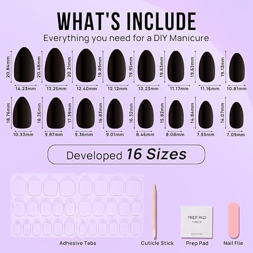 BTArtbox Press On Nails, Black Velvet, Short Almond, Black, 32Ct | 2+ Weeks Wear, Salon-Quality Natural Nails, 10-Minute Easy Daily Application, Fast Removal, 16 Sizes, All-in-One Complete Kit thumbnail 6