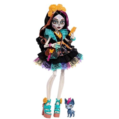Monster High Skelita Calaveras Doll | Skeleton in Colorful Papel Picado Dress with Pet Dog Candelita & 7 Accessories like Sketch Book, Snack & Messenger Bag, JHK34 - Image 1