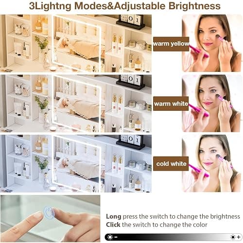 FURNJOYLIFE Large Makeup Vanity Desk with Lighted Mirror & Power Outlet,Dresser Table with 3 Lighting Modes Brightness Adjustable,Drawers,Shelves,Hair Dryer Stand for Bedroom,White (No Stool) thumbnail 5