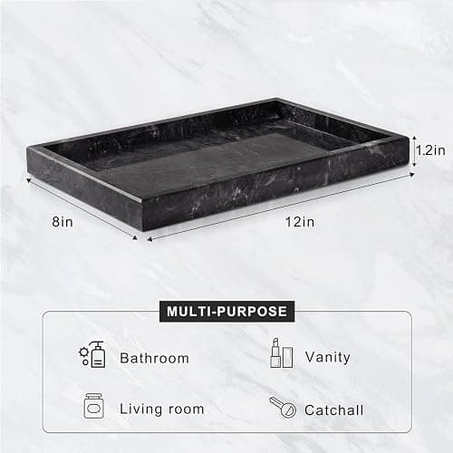 Homaura Marble Bathroom Tray for Countertop & Home Decor, Natural Decorative Marble Tray for Jewelry & Perfume Organizer, Luxury Stone Vanity Trays for Dresser, Kitchen Counter, 12" x 8", Gray Black thumbnail 2