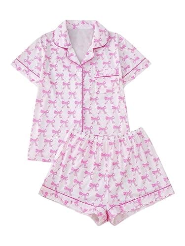 RoseSeek Women's Bow Pajamas Sets Short Sleeve Button Down Pajamas Y2k Preppy Cute PJ Set Sleepwear - Image 1