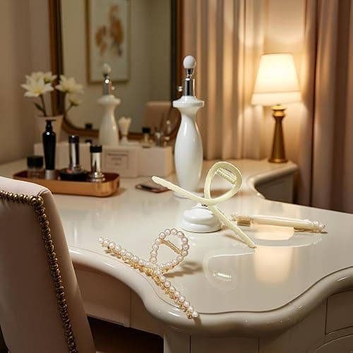 2 Pack Matte Gold and Pearl Hair Claws for Women: Large Metal Clips with Pearls for Thick Hair - Non-Slip Crab Claws and Strong Cross Barrettes thumbnail 2