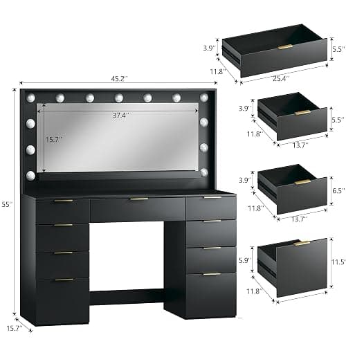 ALEXNUTRE Vanity Desk with Large Mirror and Lights, 45.3in Makeup Vanity with Power Outlet 9 Drawers & Storage, 3 Lighting Color Adjustable, Black thumbnail 2