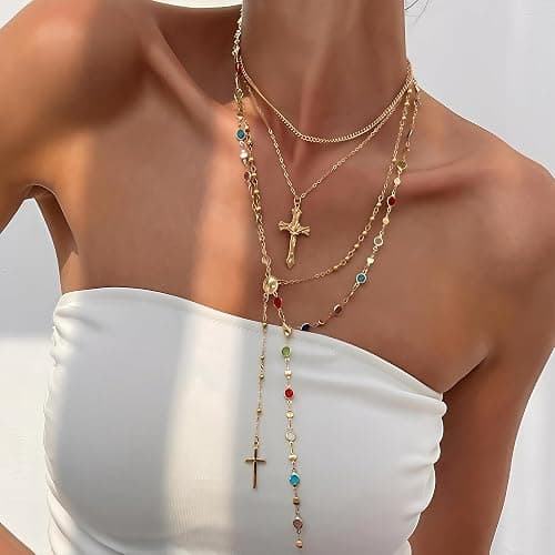 4PCS Layered Gold Cross Necklaces for Women Trendy, Bohemian Bead Pearl Y Long Pendant Necklace Set, Vintage Rosary Necklace Stack Adjustable Length thumbnail 2
