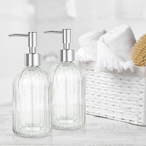 Glass Soap Dispenser with Plastic Pump, Hand Soap Dispenser for Hand Wash, Lotion Dispenser for Dishwashing Liquid, Lotion Shower Gel (Striped Transparent) thumbnail 7