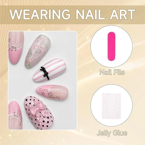Tastetreasure 30Pcs Almond Press on Nails, Pink French Cat Eye Fake Nails with Bows Polka Dots Music Notes, Cute Lace Vine Stick on Nails for Women, Gel Acrylic False Nails with Jelly Glue Kit thumbnail 5
