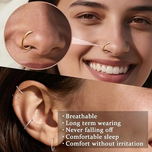 Hypoallergenic Nose Rings Hoops Set for Women Men: 8Pcs 18G Gold/Silver 316L Surgical Stainless Steel Nose Hoops Hinged Clicker Septum Rings for Nose Cartilage Body Piercing Jewelry 6mm 8mm 10mm 12mm thumbnail 4