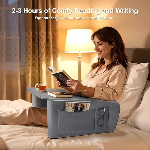 OPTIXCELL Reading Pillow for Gaming with Ergonomic Arm Rests, Wooden Lap Desk for Laptop, Support Pillow with Side Pockets for Reading, Writing, Working, Gaming on Bed, Couch or Floor (Gray, Large) thumbnail 3