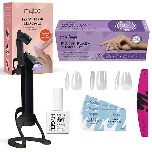 Mylee Fix N Flash Soft Gel Tips Kit - Nail Art Extensions, 3 Shapes, 216Pcs | LED Torch Lamp, USB Rechargeable, Movable Head, Prep Wipes & Half-moon Nail File, Full Cover - Image 1