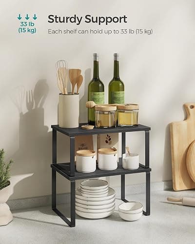 SONGMICS Cabinet Organizer Shelf, Set of 4 Kitchen Counter Shelves, Kitchen Storage, Spice Rack, Stackable, Expandable, Metal and Engineered Wood, Ink Black and Ebony Black UKCS027B01 thumbnail 5
