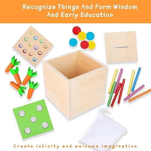 Adena Montessori 3 for 1 Wooden Montessori Play Kit Baby Toys,includes Matchstick Color Drop Game,Carrot Harvest Game and Coin Box,Learning Toy for Kid 1,2,3 Year Old,Girl Boy Gift for Baby 6-12 Month thumbnail 5
