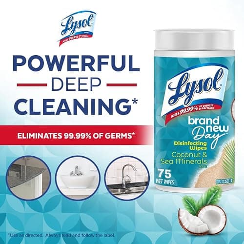 Lysol® Disinfecting Wipes, Brand New Day Coconut & Sea Minerals, (6 x 75 wet wipes) = 450 wet wipes, Pack of 6, Kills 99.99% of viruses and bacteria*, Thick Strong Wipe thumbnail 2
