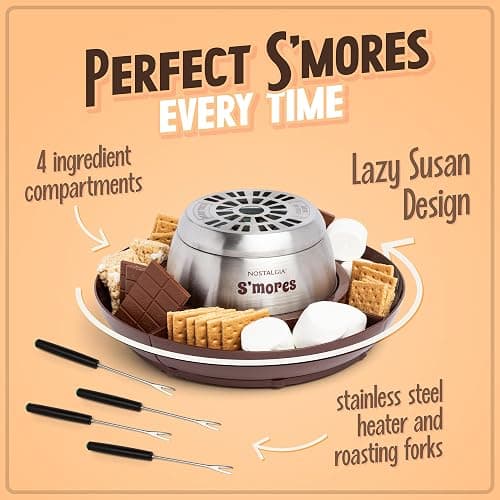 Nostalgia Indoor Electric Stainless Steel S'Mores Maker with 4 Lazy Susan Compartment Trays for Graham Crackers, Chocolate, Marshmallows and 4 Roasting Forks, Brown thumbnail 5