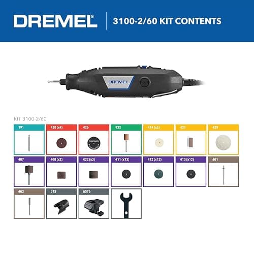 Dremel 3100-2/60 Variable Speed Rotary Tool Kit- 2 Attachments and 60 Accessories, Ideal for a Variety of Crafting and DIY Projects- Cutting, Sanding, Grinding, Polishing, Drilling, and Engraving thumbnail 3