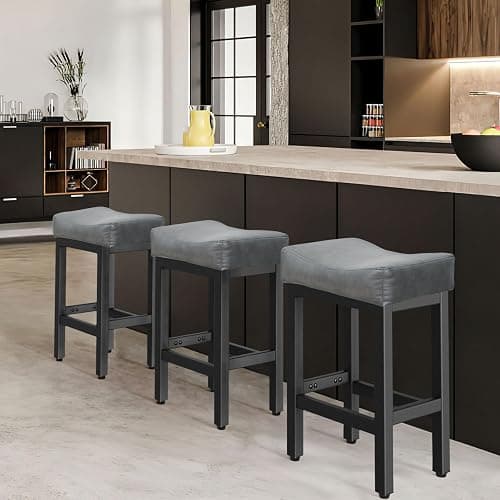 Raynesys Counter Height Bar Stools Set of 3, 24 Inch Barstools for Kitchen Island Counter, Bonded Leather Kitchen Stools with Saddle Seats & Metal Base, Easy Assembly, Black thumbnail 7