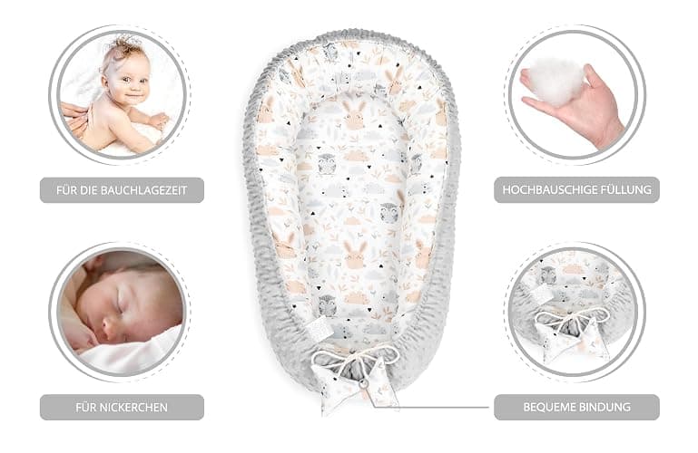 Nestchen Baby - Babynestchen Neugeborene Minky Babynest für Kinderbett Vielseitiges tragbar Nest kuschelnest zubehör für babybett warm Winter coccon Eule Grau - 90x50 cm (1er Pack) - Eule Grau thumbnail 5