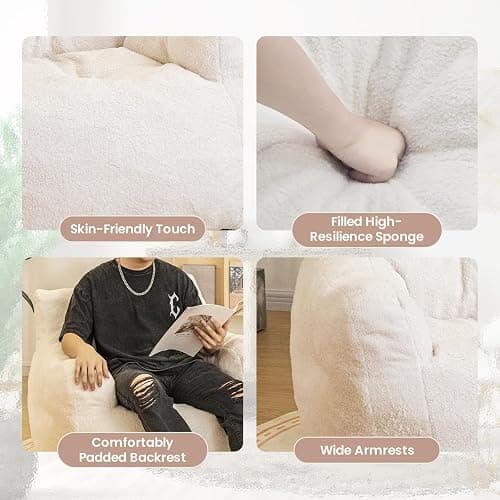 Cvortll Bean Bag Chair with Filler, Bean Bag Sofa with Tufted Soft Stuffed Filling, Fluffy and Lazy Sofa, Comfy Cozy BeanBag Chairs with Memory Foam for Dorm, Apartment, Living Room (White) thumbnail 6