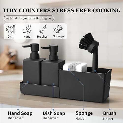 zuxzmj Kitchen Soap Dispenser Set with Sponge Holder and Brush for Sink Rack Hand Soap and Dish Soap Dispensers Black 4-in-1 thumbnail 6