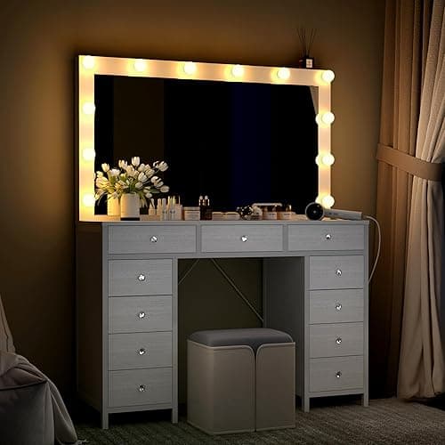 44.1" Vanity Desk with Power Outlet, Makeup Vanity with Mirror and 14 LED Light, 3 Lighting Modes,11 Drawer Vanity Table with Jewelry Storage, Cloth Drawer for Bedroom, White thumbnail 6