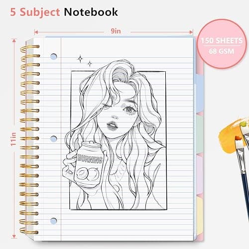Aesthetic 5-Subject Notebook College Ruled with 5 Movable Tab Dividers & Pockets, 150 Sheets, 3-Hole Punched, Spiral Notbook, Plastic Cover, Fits 8.5"x11", 68gsm Paper, Includes Writable Stickers – Cute School Journal or Office Supplies, Pink thumbnail 2