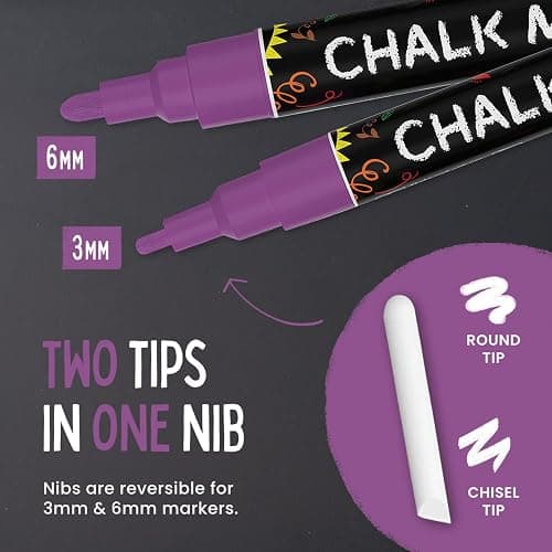 5 Purple Chalkboard Chalk Pens - Purple Dry Erase Markers for Blackboard, Chalkboard Signs, Windows, Glass | Variety Pack - Fine & Jumbo Size Ink Pen (1mm, 3mm, 6mm, 10mm, 15mm) thumbnail 3