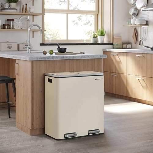 SONGMICS Trash Can, 2 x 8 Gallon (2 x 30 L) Garbage Can for Kitchen, with 15 Trash Bags, 2 Compartments, Plastic Inner Buckets and Hinged Lids, Airtight, Almond Color ULTB201A01 - Almond Color - 2 x 8 Gallon thumbnail 4