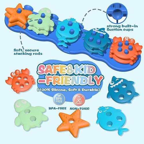 Silicone Baby Bath Toys – Stackable, Shape-Sorting Floating Set with 10 Mold-Free Textured Pieces, No-Hole Design – Early Learning Bathtub Toys for Toddlers and Kids thumbnail 3