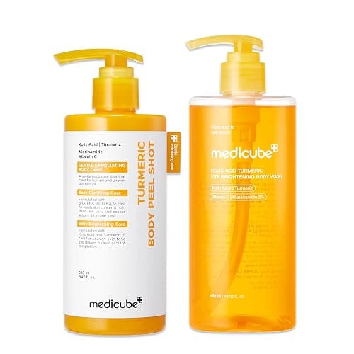 medicube Kojic Acid Brightening Body Care Duo: Turmeric Body Peel Shot and Kojic Acid Body Wash | For Brightening, Exfoliating with Citrus Scent for Fresh Shower Routine - Image 1