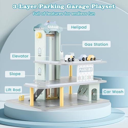 Costzon Toy Car Garage, Multi-Level Wooden Toy Garage with 4 Cars, Helicopter, Gas & Charging Station, Ramp & Working Elevator, Parking Garage for Toy Cars, Pretend Play Gift for Kids Toddlers 3+ thumbnail 4
