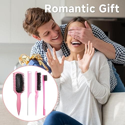 Curl Defining Brush, Curly Hair Brush Products With 3 Pcs Slick Back Hair Brush Set Bristle Brush Edge Control Teasing Comb for women (Pink) thumbnail 7