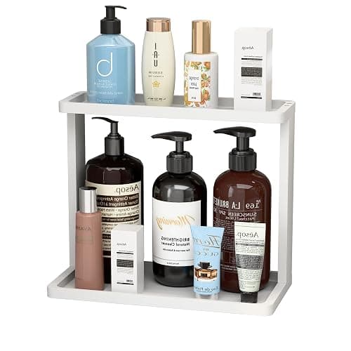 PEKER Bamboo Bathroom Organizer Countertop – Small Vanity Storage Shelf for Makeup, Perfume, Skincare – Natural Cosmetics Display Rack for Dresser, Sink, Kitchen –White - Image 1