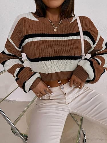 ZAFUL Women's Color Block Striped Sweater Crew Neck Lantern Sleeve Cropped Sweaters Casual Loose Knitted Tops thumbnail 2